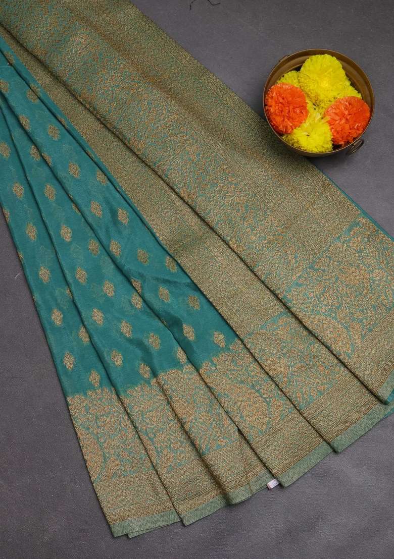 Banarasi Semi Crepe Saree Pastel Green With Woven Buttas And Woven Border With Buttas And Brocade Design For Women - Indya