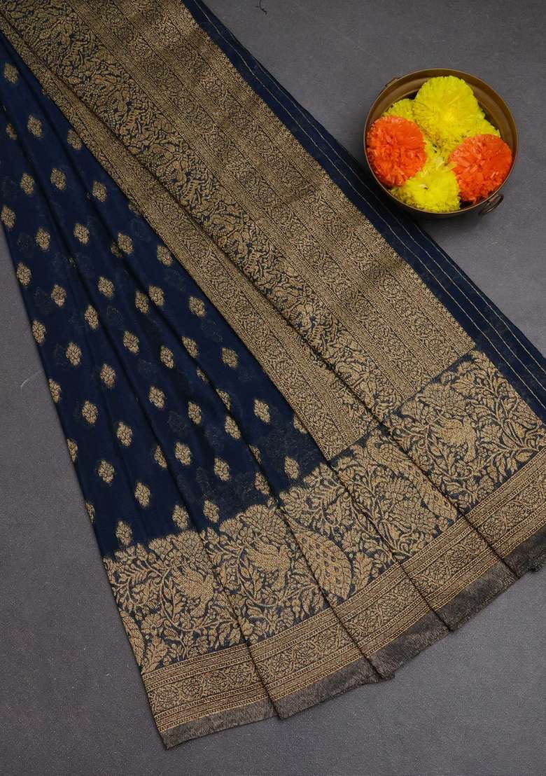 Banarasi Semi Crepe Saree Peacock Blue With Woven Buttas And Woven Border With Buttas And Brocade Design For Women - Indya