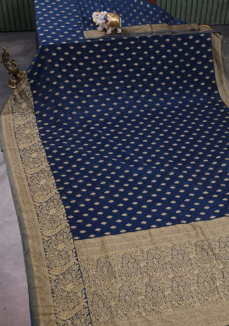 Banarasi Semi Crepe Saree Peacock Blue With Woven Buttas And Woven Border With Buttas And Brocade Design For Women - Indya