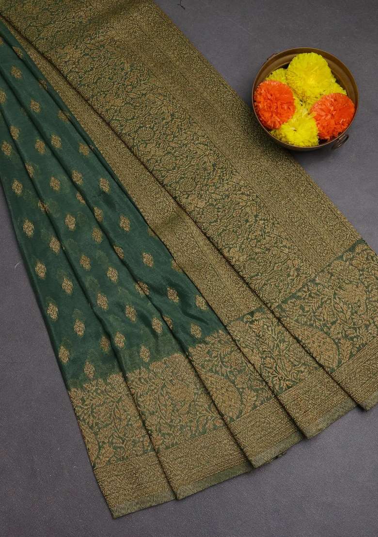 Banarasi Semi Crepe Saree Pastel Green With Woven Buttas And Woven Border With Buttas And Brocade Design For Women - Indya