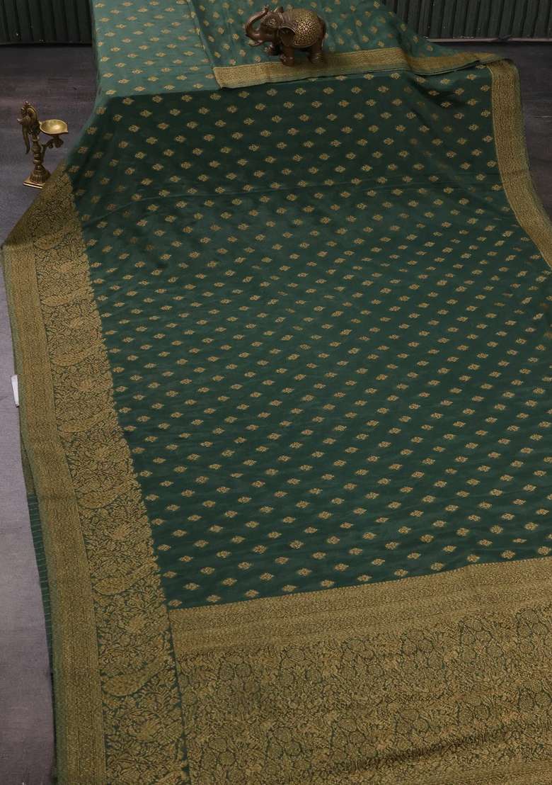 Banarasi Semi Crepe Saree Pastel Green With Woven Buttas And Woven Border With Buttas And Brocade Design For Women - Indya