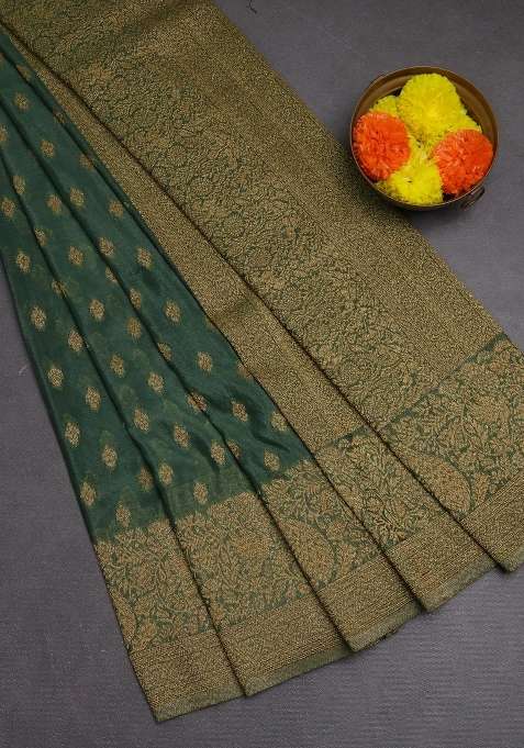 Banarasi Semi Crepe Saree Pastel Green With Woven Buttas And Woven Border With Buttas And Brocade Design For Women