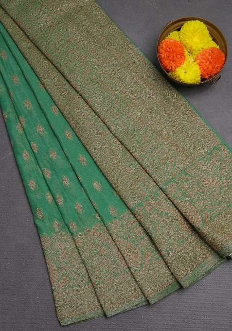 Banarasi Semi Crepe Saree Pastel Green With Woven Buttas And Woven Border With Buttas And Brocade Design For Women