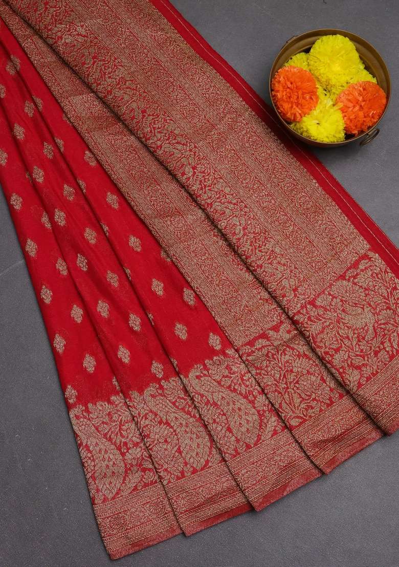 Banarasi Semi Crepe Saree Red With Woven Buttas And Woven Border With Buttas And Brocade Design For Women - Indya