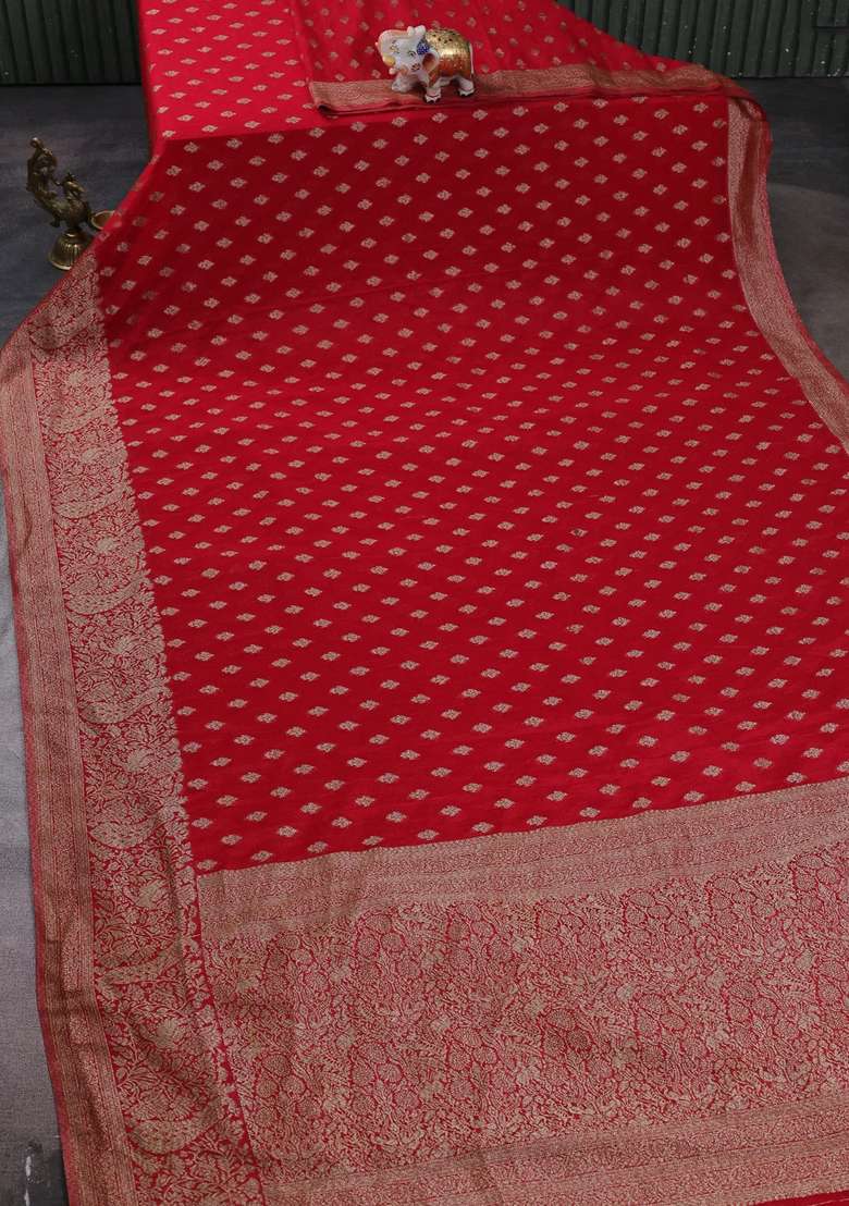 Banarasi Semi Crepe Saree Red With Woven Buttas And Woven Border With Buttas And Brocade Design For Women - Indya