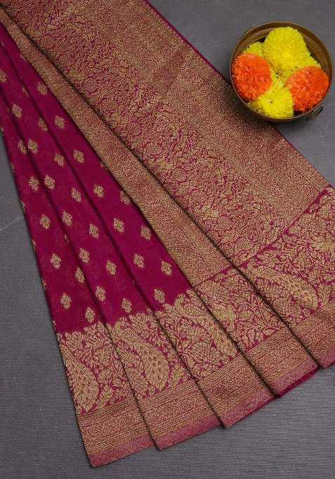 Banarasi Semi Crepe Saree Purple With Woven Buttas And Woven Border With Buttas And Brocade Design For Women