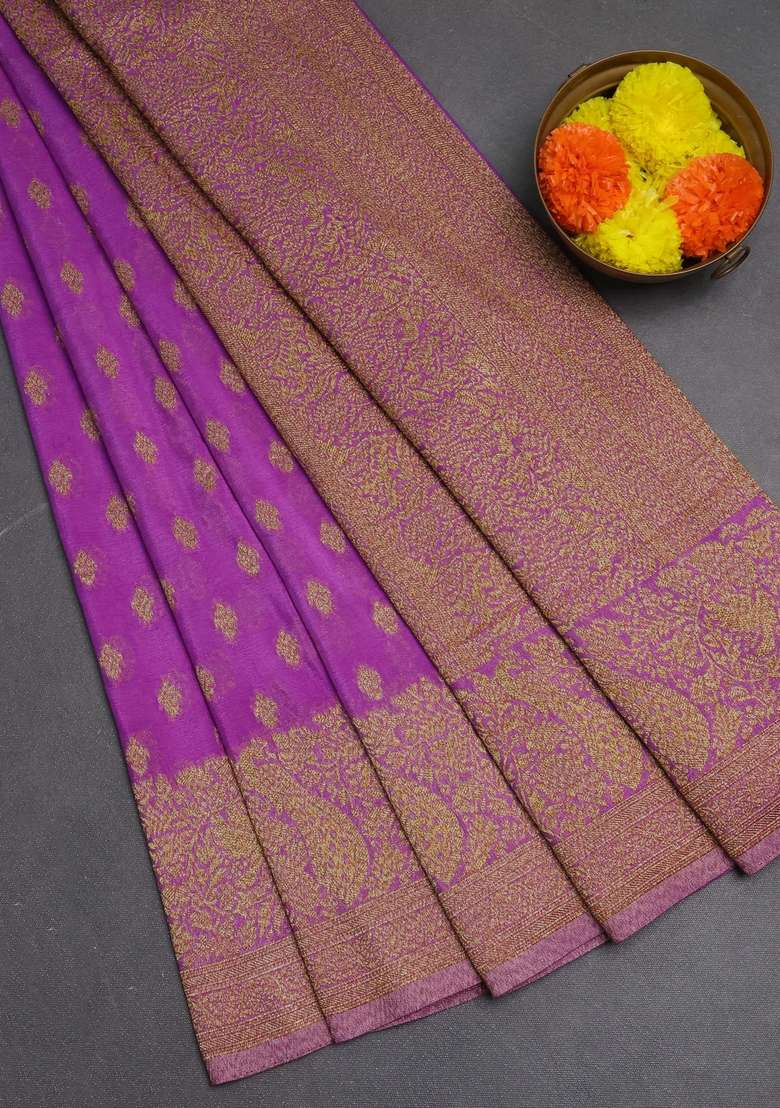 Banarasi Semi Crepe Saree Lavender With Woven Buttas And Woven Border With Buttas And Brocade Design For Women - Indya