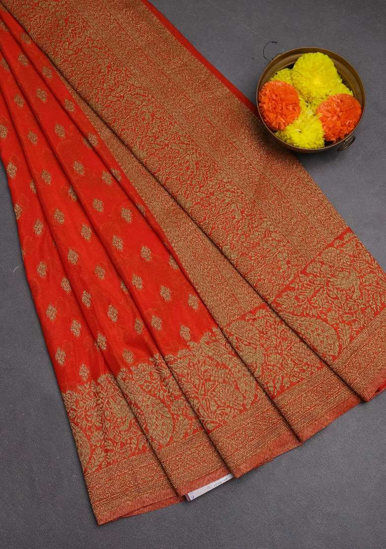 Banarasi Semi Crepe Saree Orange With Woven Buttas And Woven Border With Buttas And Brocade Design For Women - Indya