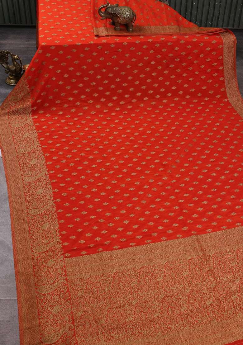 Banarasi Semi Crepe Saree Orange With Woven Buttas And Woven Border With Buttas And Brocade Design For Women - Indya