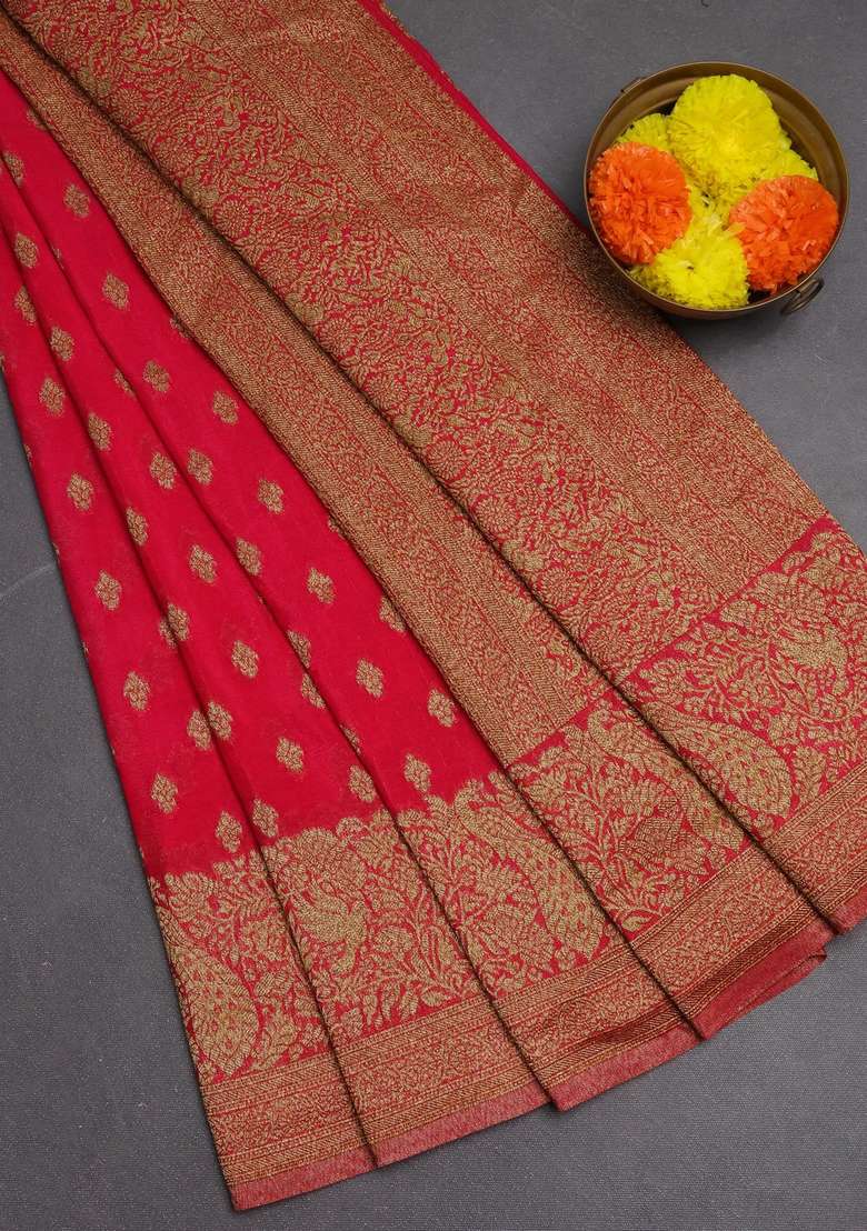 Banarasi Semi Crepe Saree Pink With Woven Buttas And Woven Border With Buttas And Brocade Design For Women - Indya