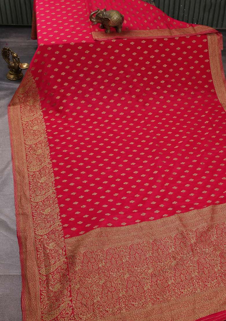 Banarasi Semi Crepe Saree Pink With Woven Buttas And Woven Border With Buttas And Brocade Design For Women - Indya