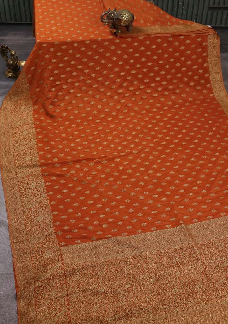 Banarasi Semi Crepe Saree Rustic Orange With Woven Buttas And Woven Border With Buttas And Brocade Design For Women - Indya