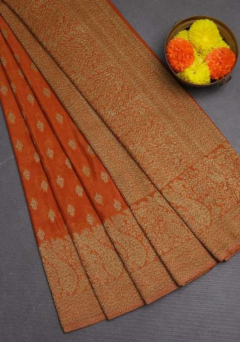 Banarasi Semi Crepe Saree Rustic Orange With Woven Buttas And Woven Border With Buttas And Brocade Design For Women