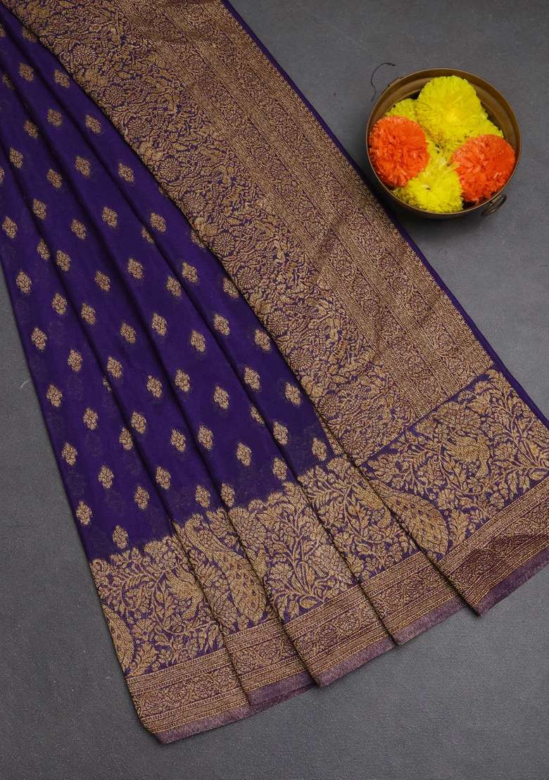 Banarasi Semi Crepe Saree Violet With Woven Buttas And Woven Border With Buttas And Brocade Design For Women - Indya