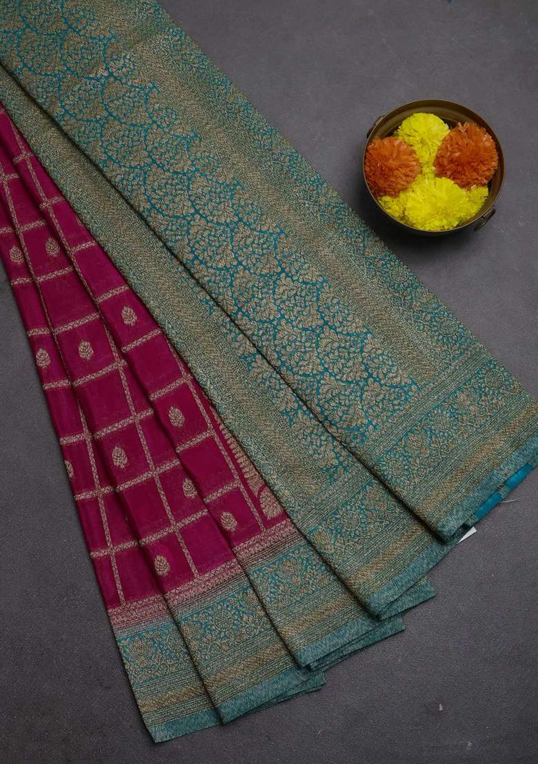 Banarasi Semi Crepe Saree Pink And Teal Blue With Allover Checks Buttas And Woven Border With Buttas And Brocade Design For Women - Indya