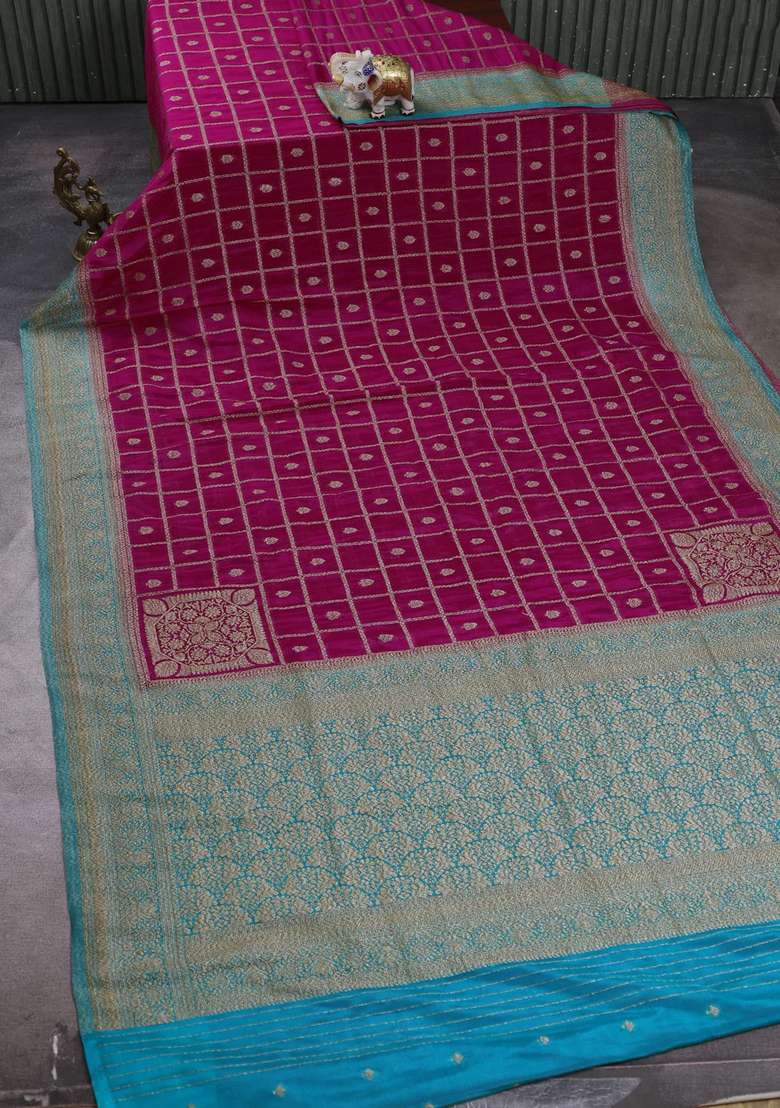 Banarasi Semi Crepe Saree Pink And Teal Blue With Allover Checks Buttas And Woven Border With Buttas And Brocade Design For Women - Indya
