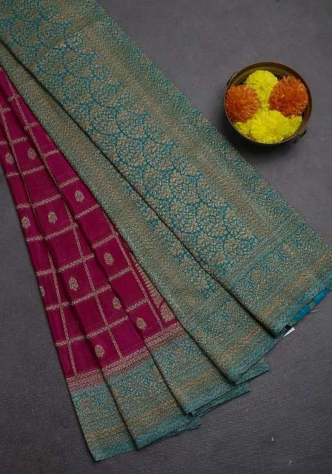 Banarasi Semi Crepe Saree Pink And Teal Blue With Allover Checks Buttas And Woven Border With Buttas And Brocade Design For Women