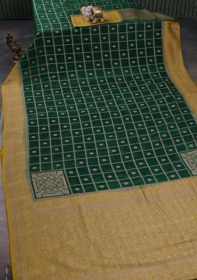 Banarasi Semi Crepe Saree Green And Yellow With Allover Checks Buttas And Woven Border With Buttas And Brocade Design For Women - Indya