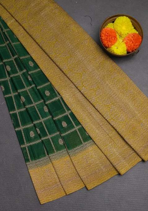 Banarasi Semi Crepe Saree Green And Yellow With Allover Checks Buttas And Woven Border With Buttas And Brocade Design For Women