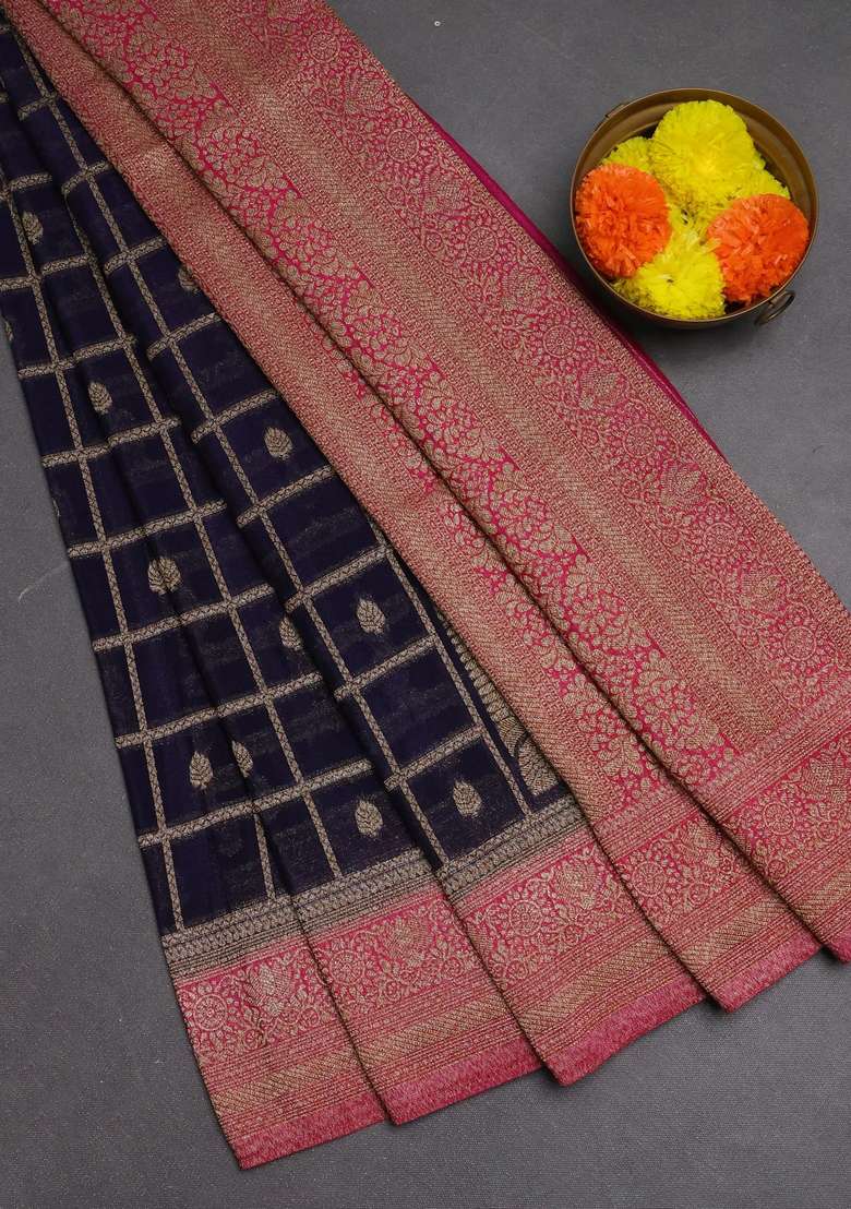 Banarasi Semi Crepe Saree Dark Blue And Pink With Allover Checks Buttas And Woven Border With Buttas And Brocade Design For Women - Indya