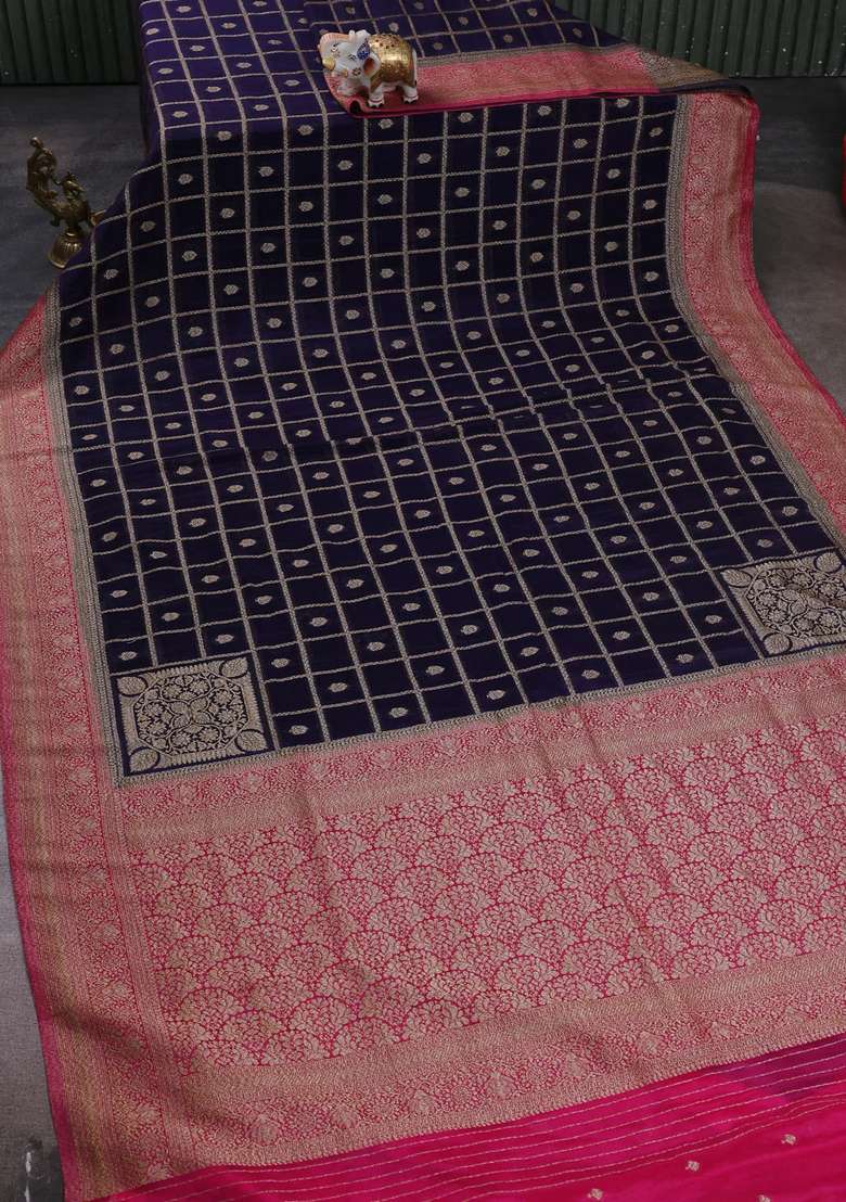 Banarasi Semi Crepe Saree Dark Blue And Pink With Allover Checks Buttas And Woven Border With Buttas And Brocade Design For Women - Indya