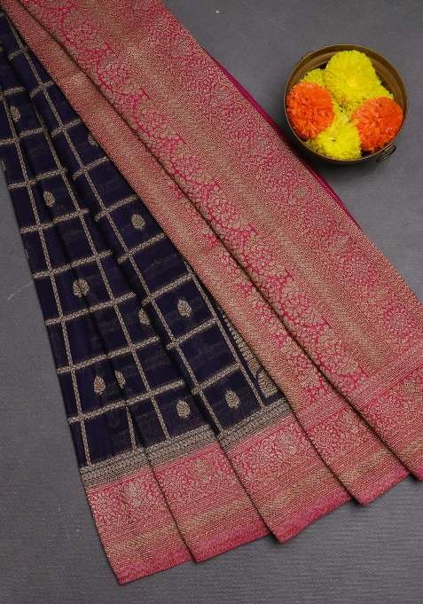Banarasi Semi Crepe Saree Dark Blue And Pink With Allover Checks Buttas And Woven Border With Buttas And Brocade Design For Women