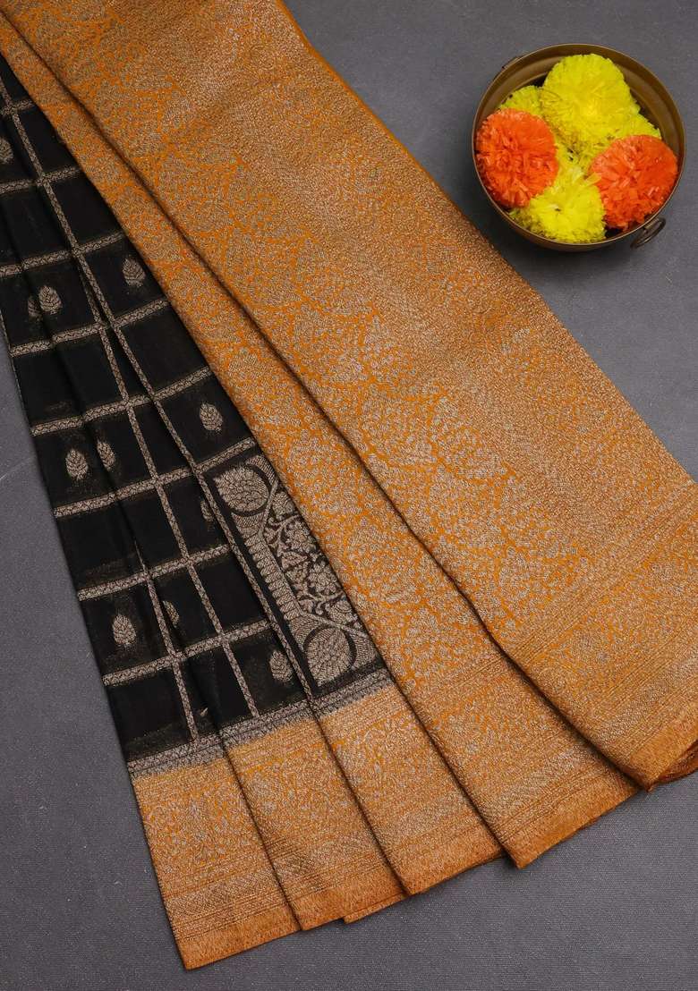 Banarasi Semi Crepe Saree Black And Mustard Yellow With Allover Checks Buttas And Woven Border With Buttas And Brocade Design For Women - Indya