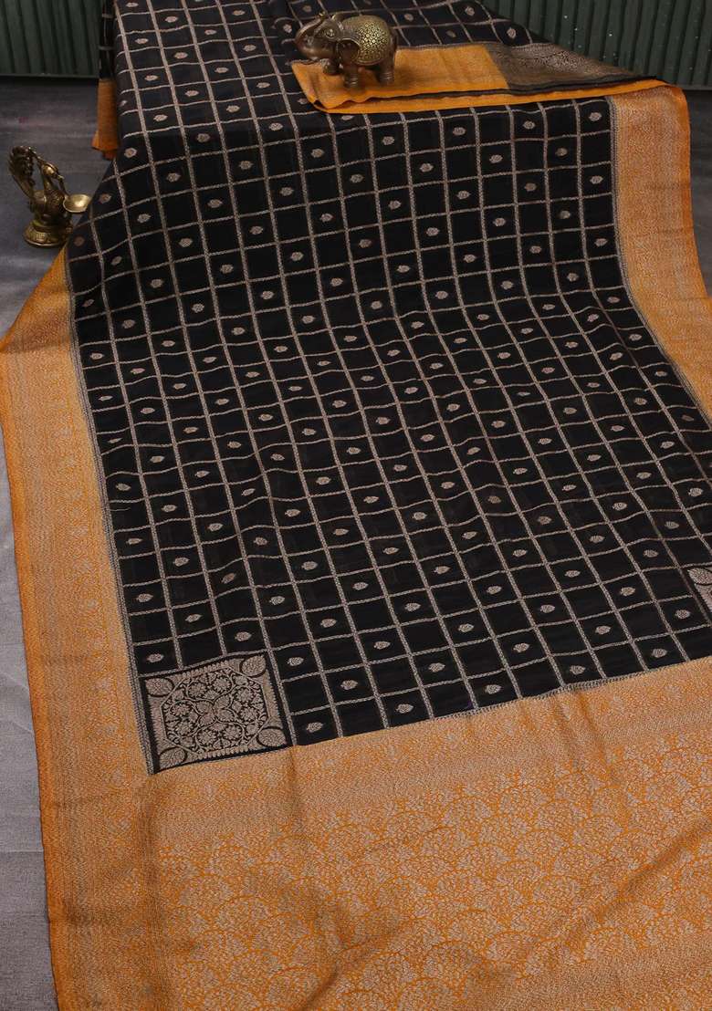 Banarasi Semi Crepe Saree Black And Mustard Yellow With Allover Checks Buttas And Woven Border With Buttas And Brocade Design For Women - Indya