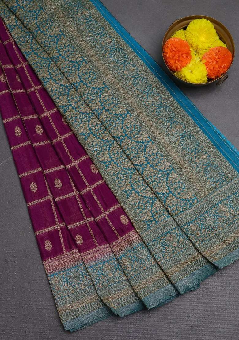 Banarasi Semi Crepe Saree Purple And Teal Blue With Allover Checks Buttas And Woven Border With Buttas And Brocade Design For Women - Indya