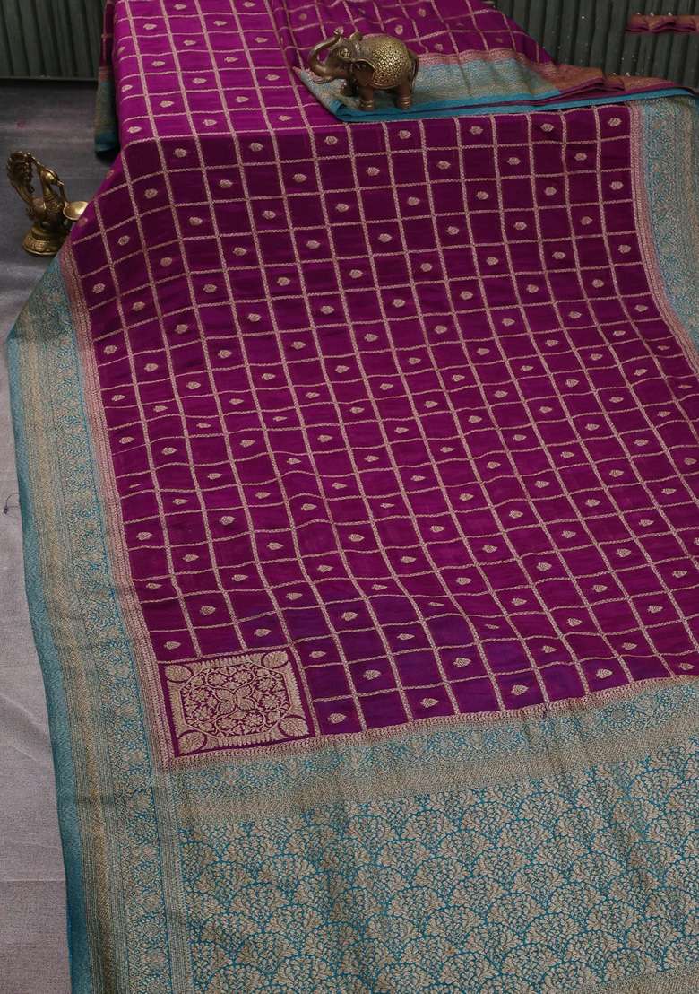 Banarasi Semi Crepe Saree Purple And Teal Blue With Allover Checks Buttas And Woven Border With Buttas And Brocade Design For Women - Indya