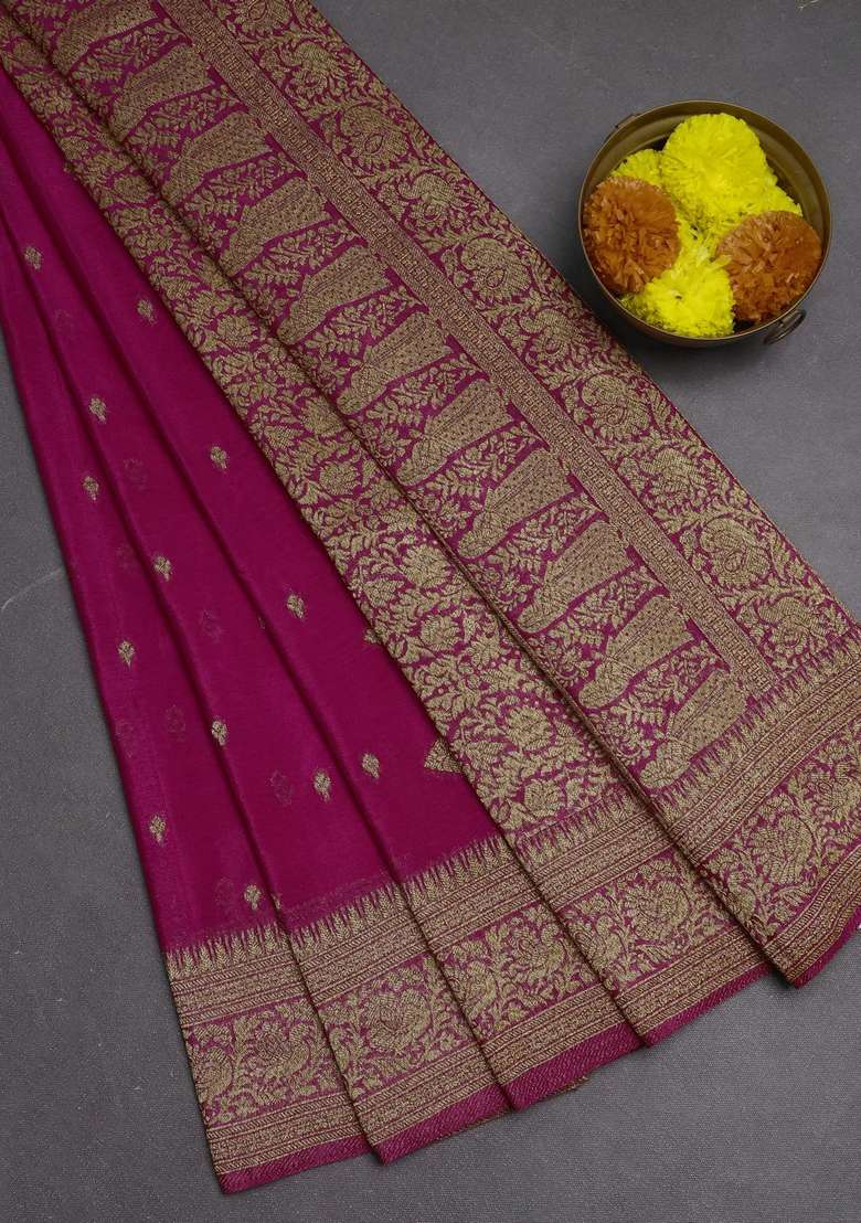 Banarasi Semi Crepe Saree Pink With Woven Buttas And Woven Border With Buttas And Brocade Design For Women - Indya