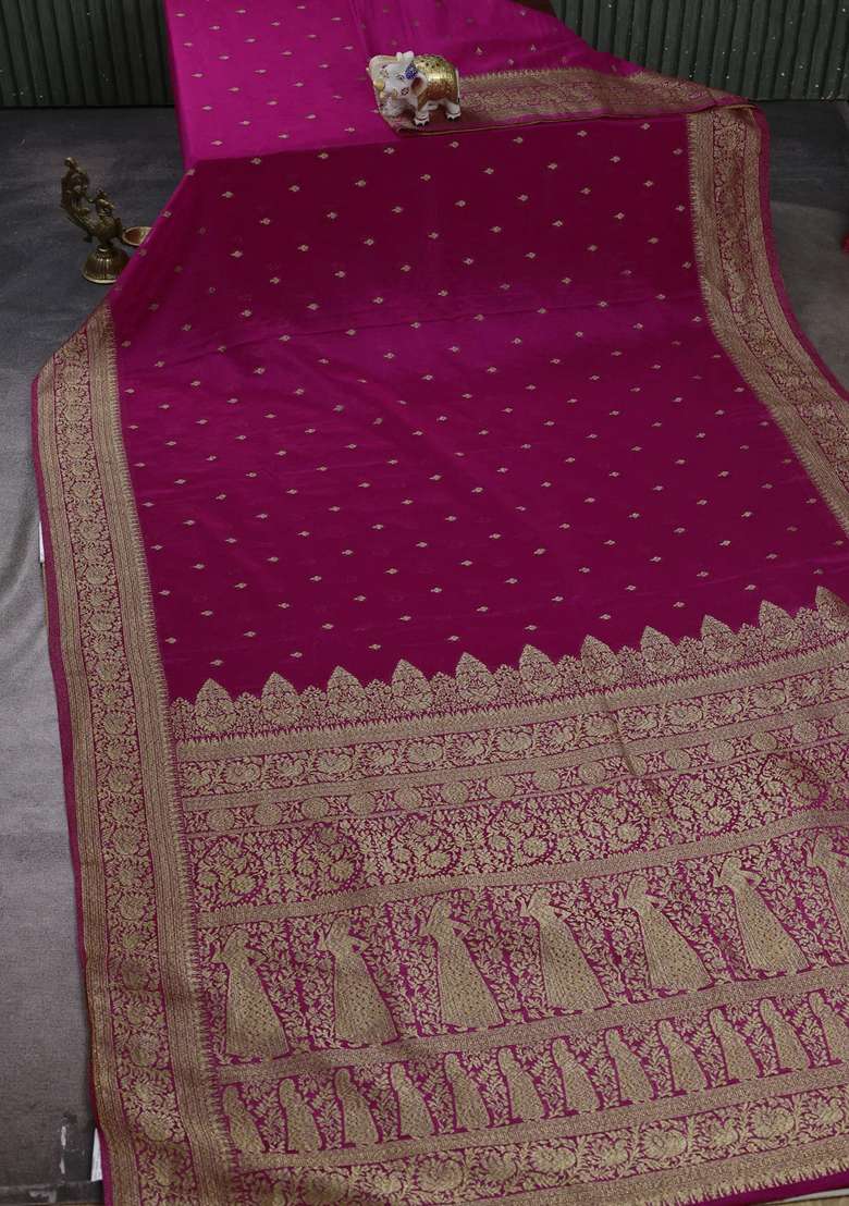 Banarasi Semi Crepe Saree Pink With Woven Buttas And Woven Border With Buttas And Brocade Design For Women - Indya