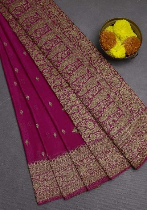 Banarasi Semi Crepe Saree Pink With Woven Buttas And Woven Border With Buttas And Brocade Design For Women