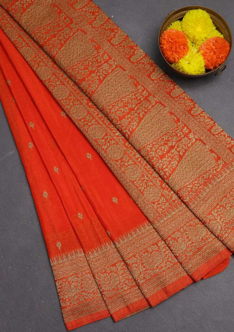 Banarasi Semi Crepe Saree Orange With Woven Buttas And Woven Border With Buttas And Brocade Design For Women - Indya