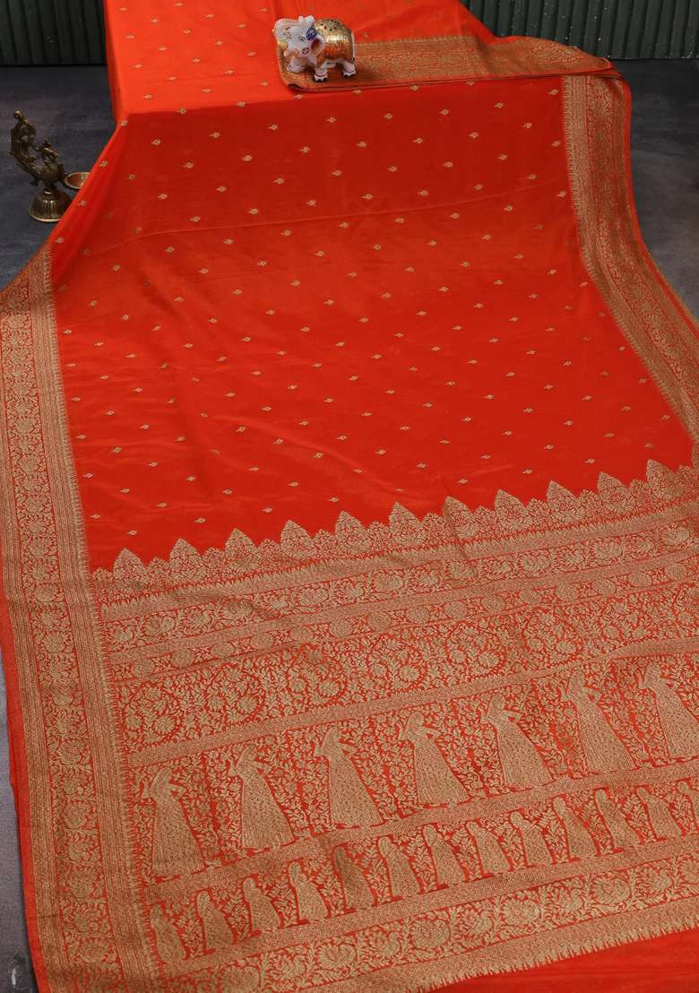 Banarasi Semi Crepe Saree Orange With Woven Buttas And Woven Border With Buttas And Brocade Design For Women - Indya