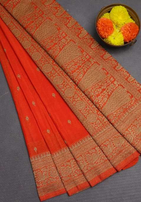 Banarasi Semi Crepe Saree Orange With Woven Buttas And Woven Border With Buttas And Brocade Design For Women