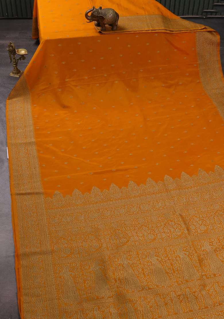 Banarasi Semi Crepe Saree Mango Yellow With Woven Buttas And Woven Border With Buttas And Brocade Design For Women - Indya