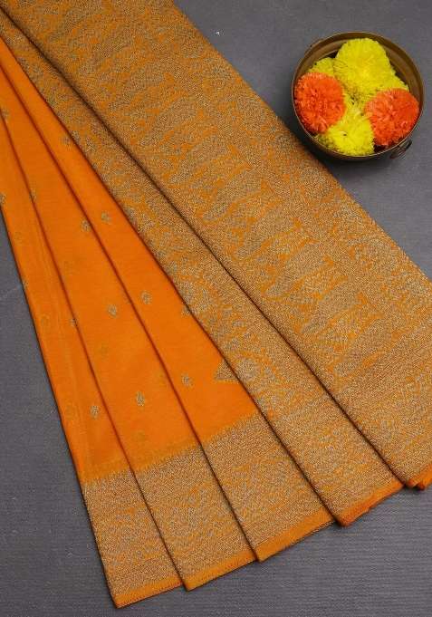 Banarasi Semi Crepe Saree Mango Yellow With Woven Buttas And Woven Border With Buttas And Brocade Design For Women