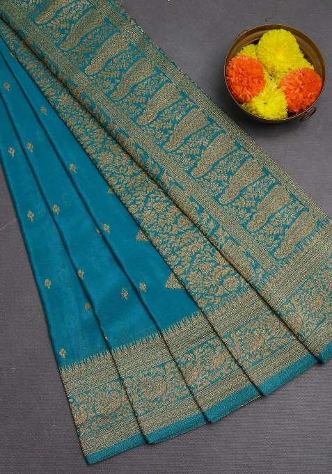Banarasi Semi Crepe Saree Teal Blue With Woven Buttas And Woven Border With Buttas And Brocade Design For Women