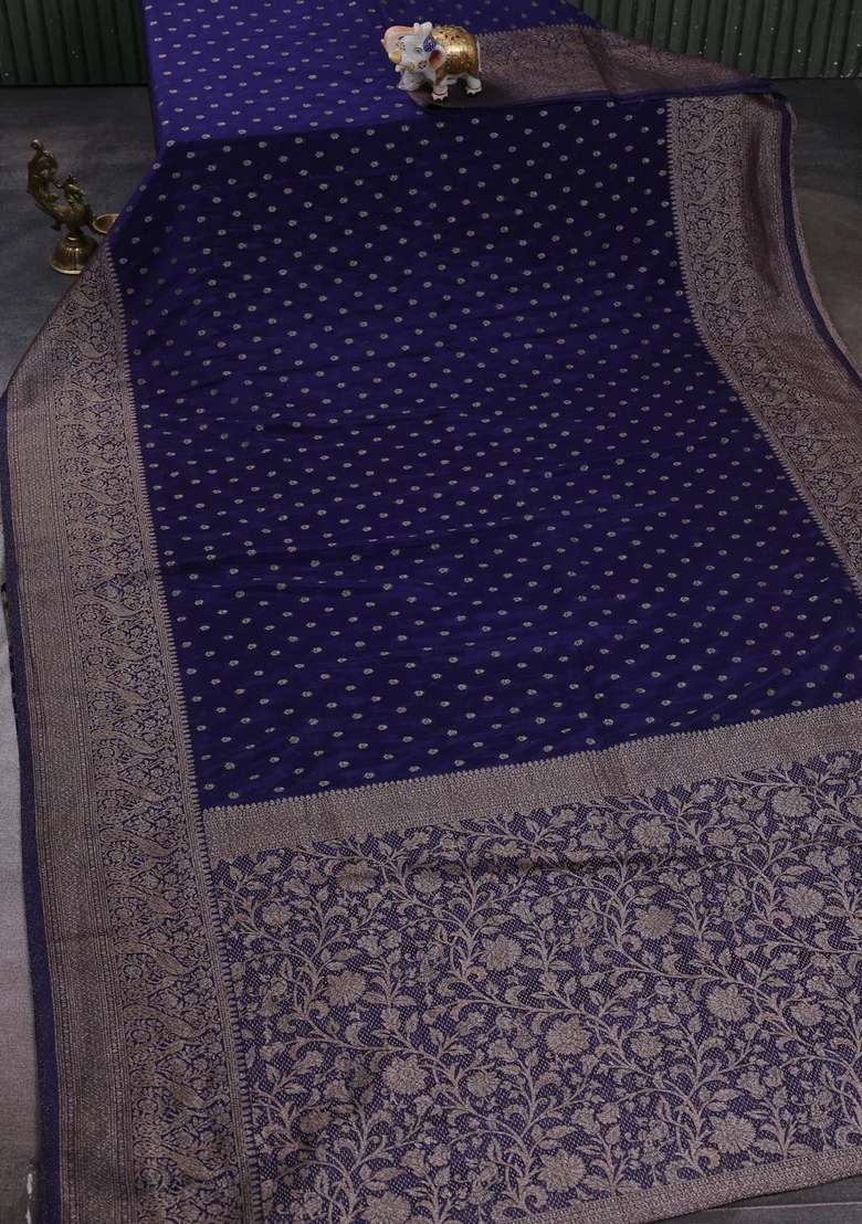 Banarasi Semi Crepe Saree Blue With Woven Buttas And Woven Border With Buttas And Brocade Design For Women - Indya