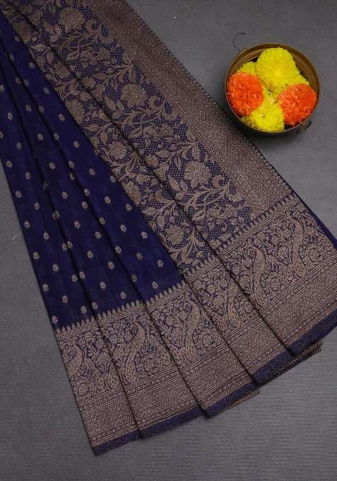 Banarasi Semi Crepe Saree Blue With Woven Buttas And Woven Border With Buttas And Brocade Design For Women