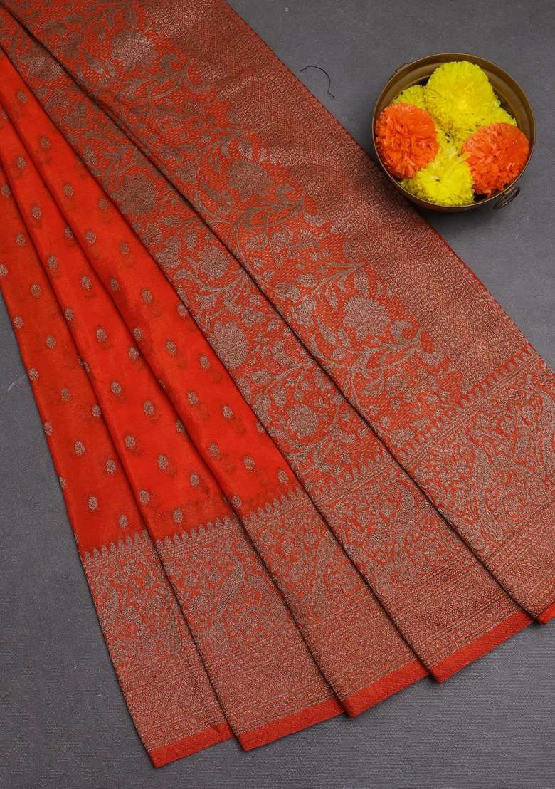 Banarasi Semi Crepe Saree Orange With Woven Buttas And Woven Border With Buttas And Brocade Design For Women - Indya