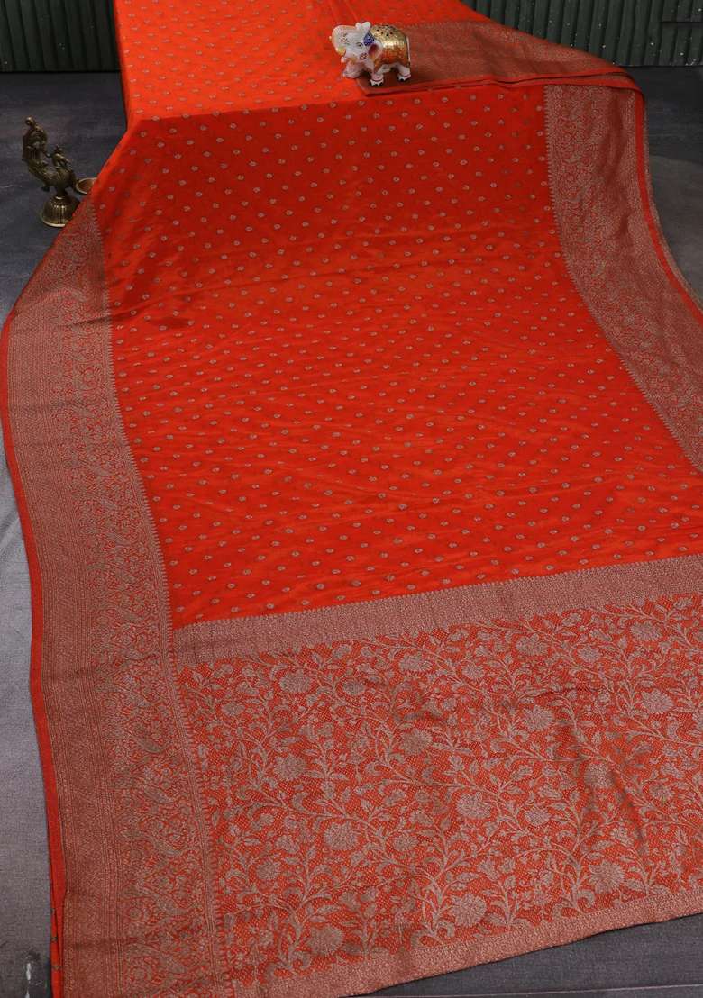 Banarasi Semi Crepe Saree Orange With Woven Buttas And Woven Border With Buttas And Brocade Design For Women - Indya