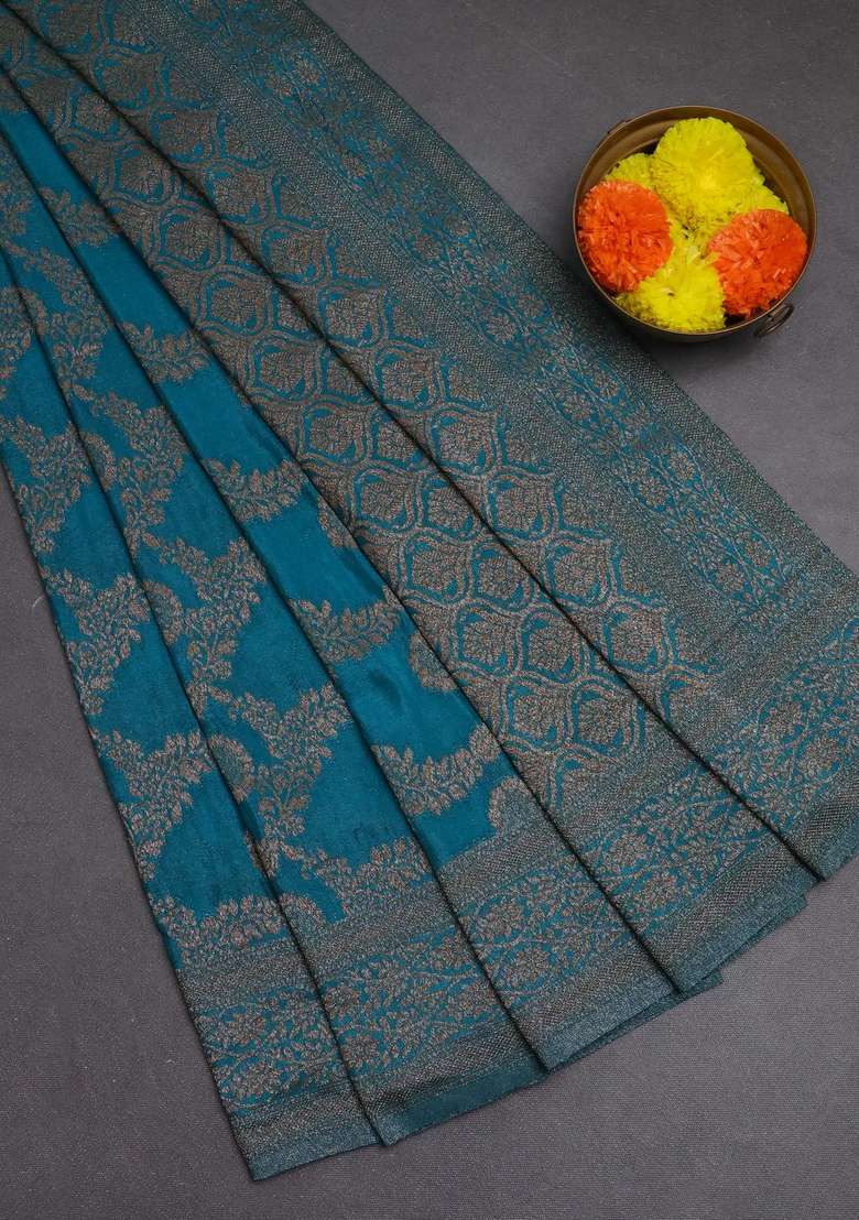 Banarasi Semi Crepe Saree Teal Blue With Allover Thread Zari Weaves And Woven Border With Traditional Woven Design For Women - Indya