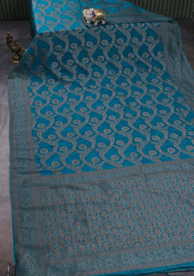 Banarasi Semi Crepe Saree Teal Blue With Allover Thread Zari Weaves And Woven Border With Traditional Woven Design For Women - Indya