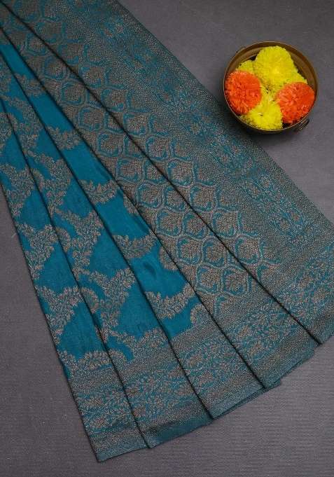 Banarasi Semi Crepe Saree Teal Blue With Allover Thread Zari Weaves And Woven Border With Traditional Woven Design For Women