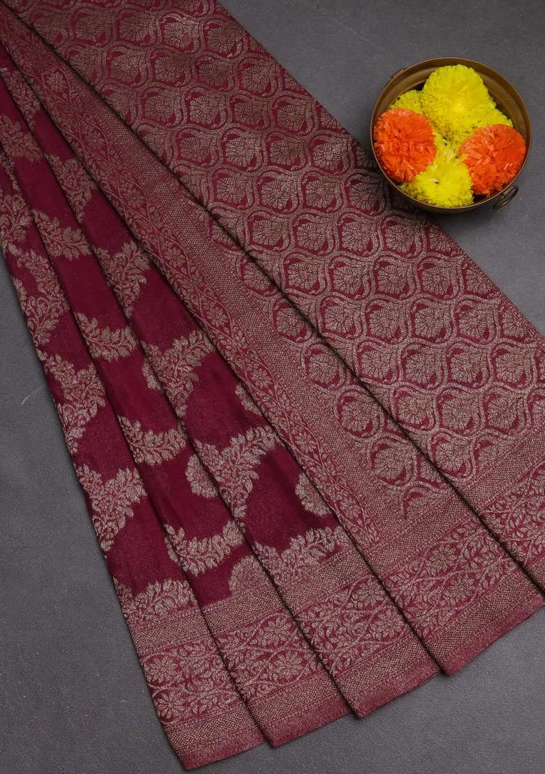Banarasi Semi Crepe Saree Wine Shade With Allover Thread Zari Weaves And Woven Border With Traditional Woven Design For Women - Indya