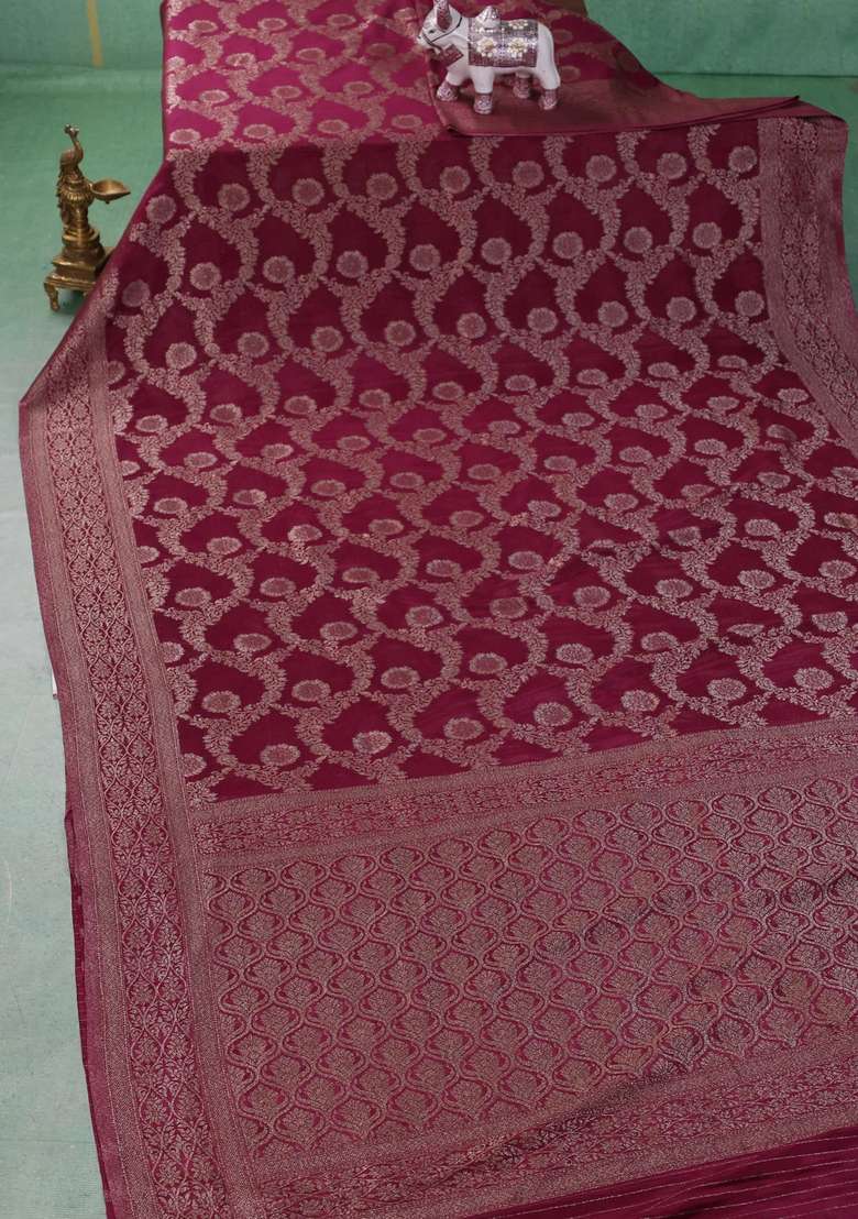 Banarasi Semi Crepe Saree Wine Shade With Allover Thread Zari Weaves And Woven Border With Traditional Woven Design For Women - Indya