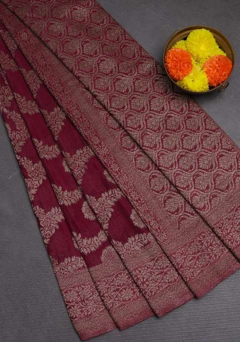 Banarasi Semi Crepe Saree Wine Shade With Allover Thread Zari Weaves And Woven Border With Traditional Woven Design For Women