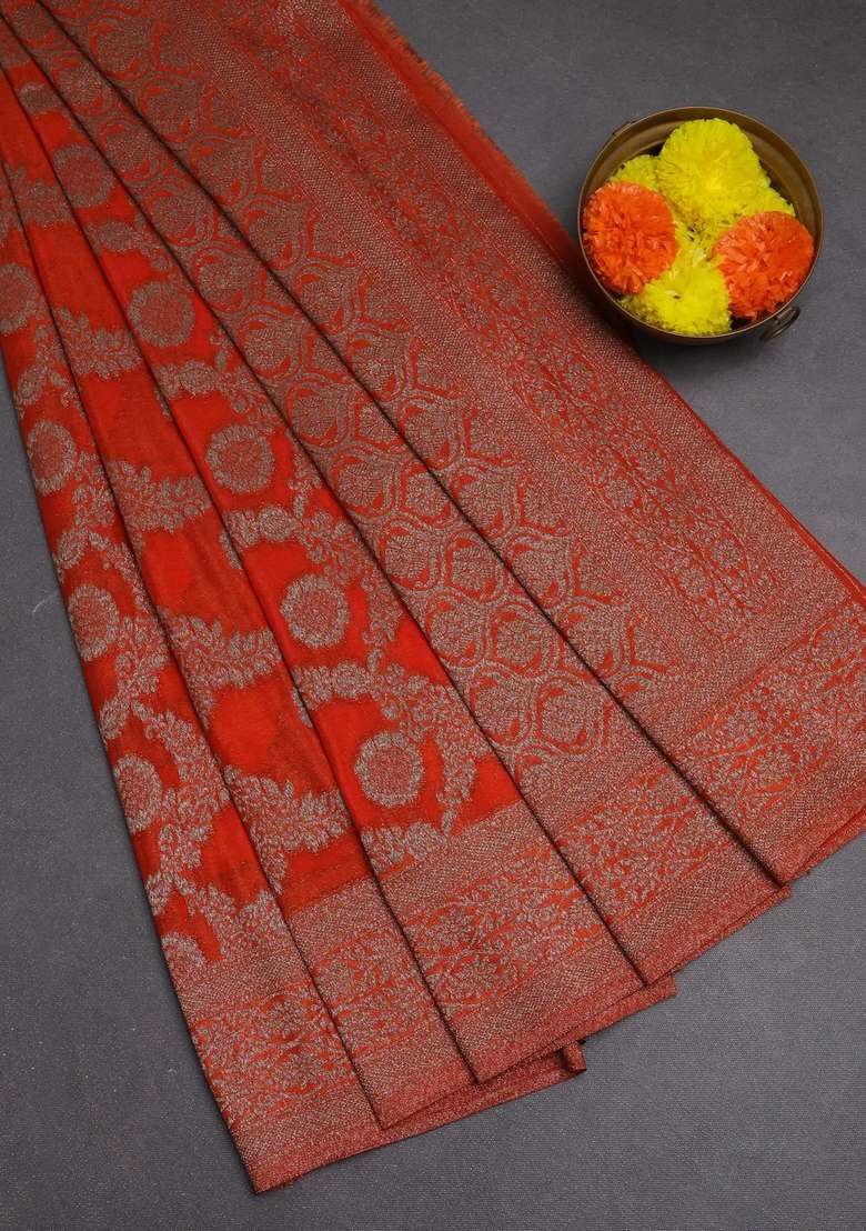 Banarasi Semi Crepe Saree Orange With Allover Thread Zari Weaves And Woven Border With Traditional Woven Design For Women - Indya